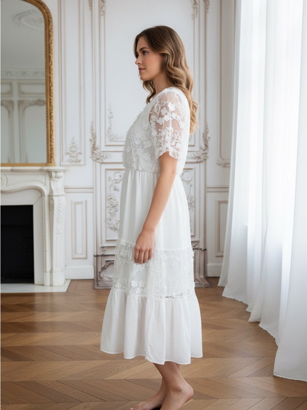 Alice Blue White Lace Midi Dress with Tiered Skirt